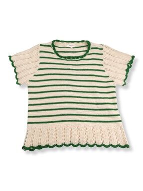 Böhme Crochet Sweater Top Size L Cream Green Striped Scalloped Hem